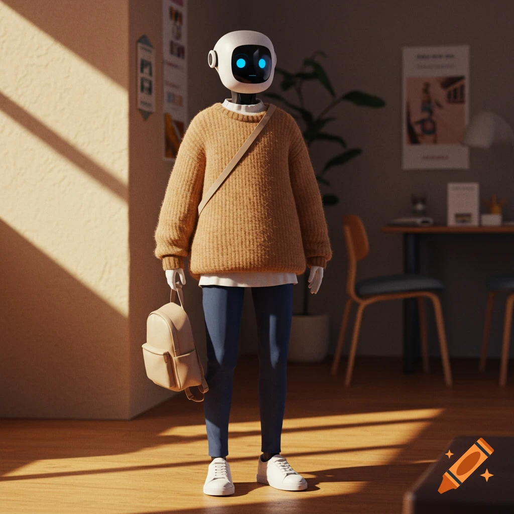 A friendly, semi-realistic robot in a brown sweater and jeans, holding a backpack, stands in a sunlit room.
