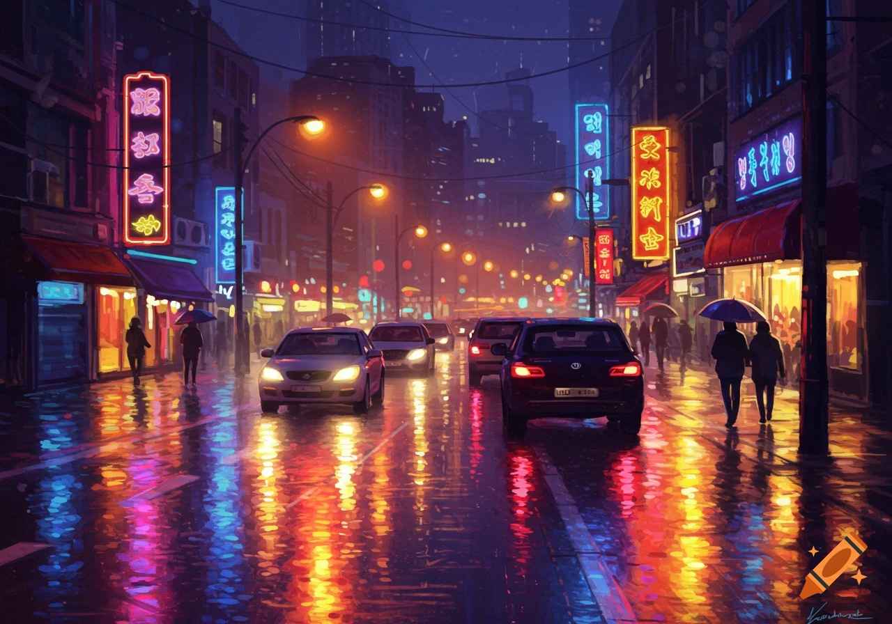Vibrant digital art of a rainy city street at night, neon lights reflecting on wet pavement, with cars and pedestrians.