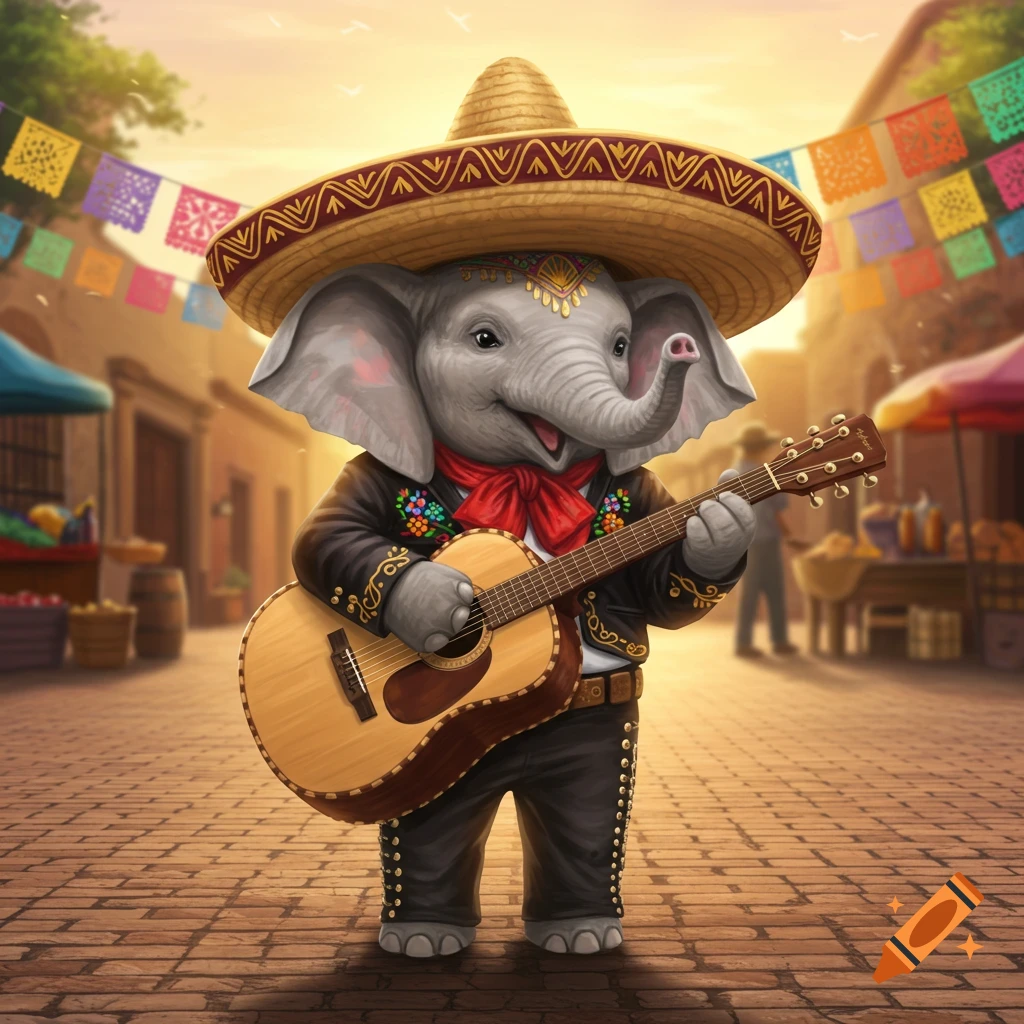 A cute cartoon baby elephant in a mariachi outfit and sombrero plays a guitar on a festive street decorated with papel picado.