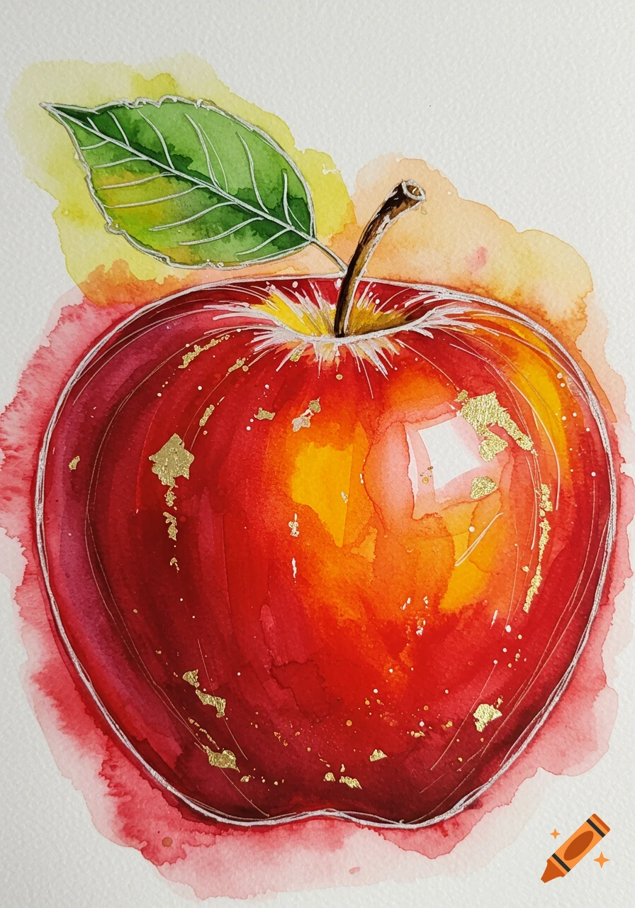 Vibrant watercolor painting of a red and yellow apple with a green leaf and gold leaf accents.