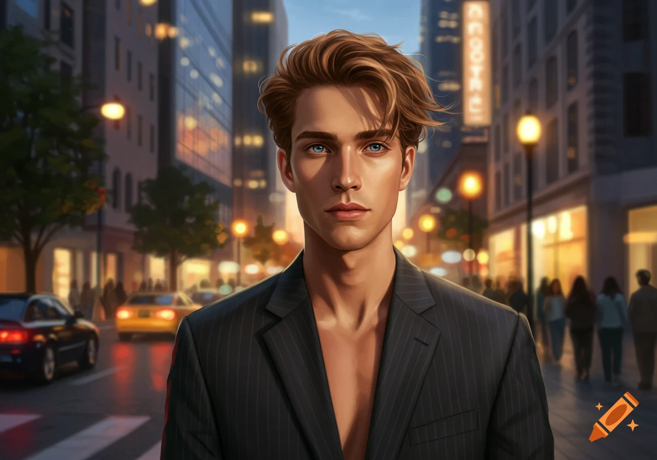 An illustrative portrait of a young man with blonde hair and blue eyes, wearing an open pinstripe suit, standing on a city street at dusk.