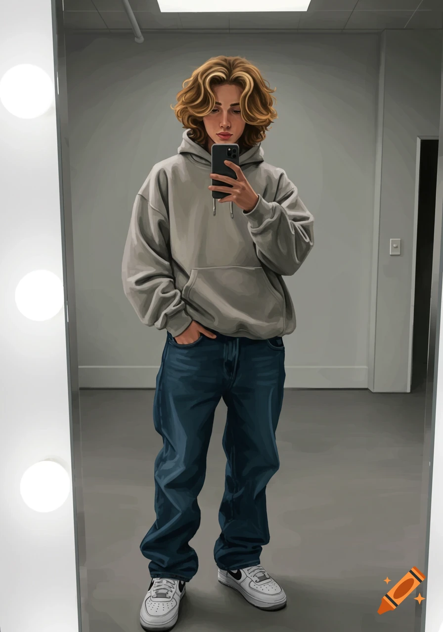 A person with wavy blond hair takes a mirror selfie in a grey hoodie, baggy jeans, and white Nike Air Force 1s.
