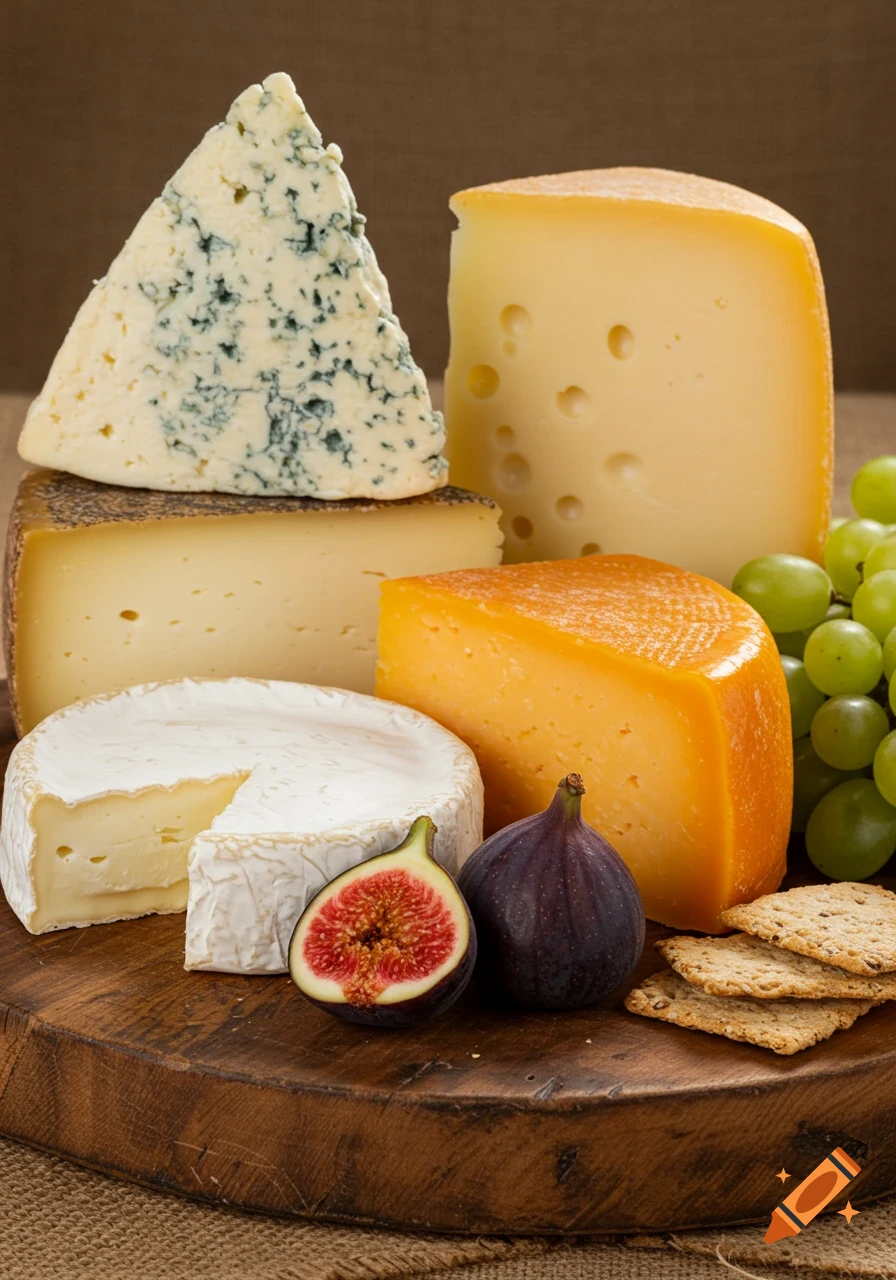 A selection of artisanal cheeses, figs, green grapes, and crackers arranged on a rustic wooden board.