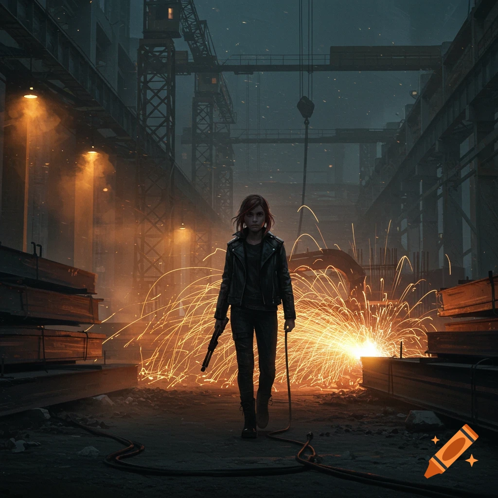 A girl in a black leather jacket walks through a dark industrial building with a gun, sparks flying from welding on the right.