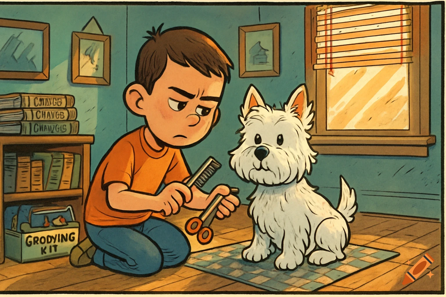 Cartoon boy with comb and scissors grooms a white West Highland terrier in a room.