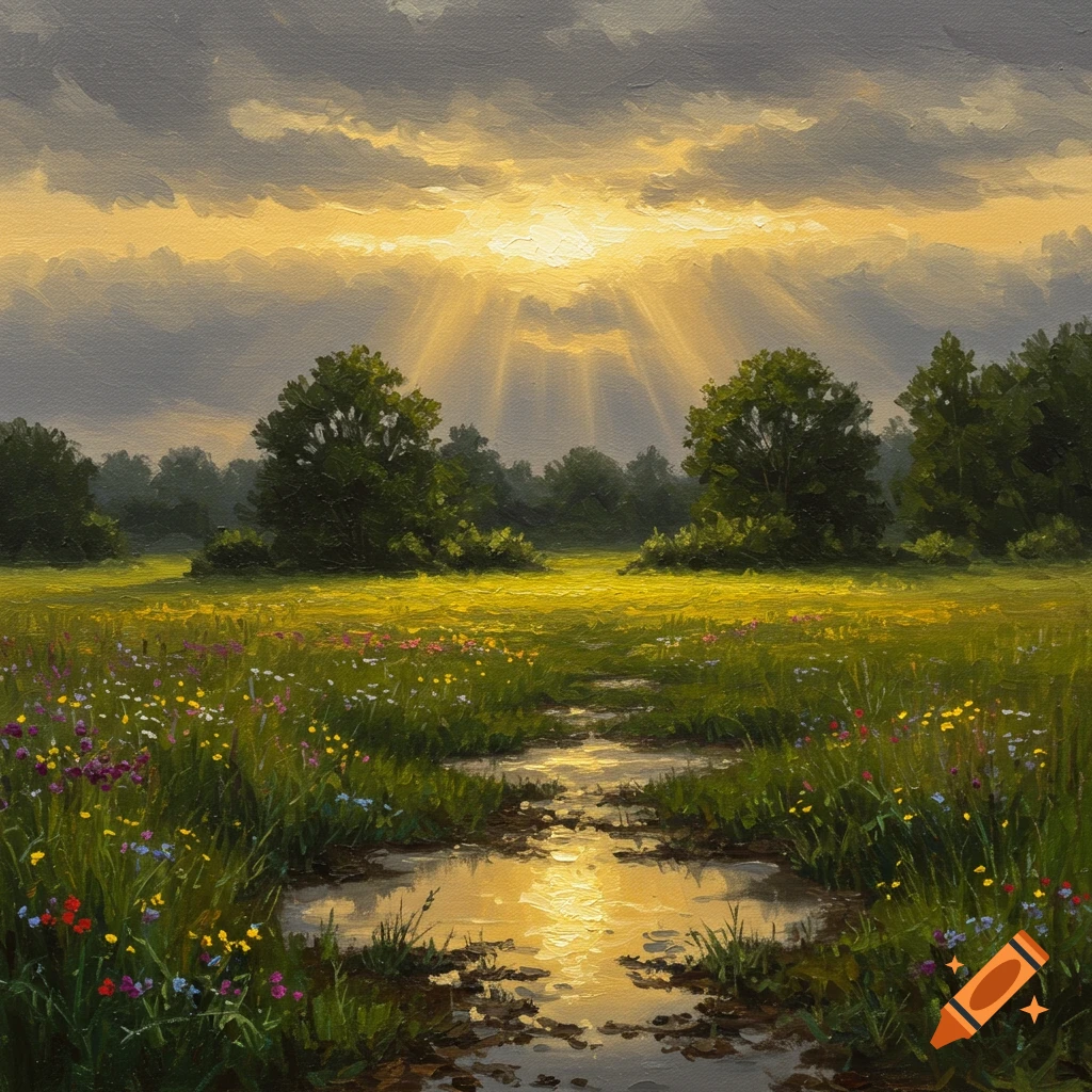 Golden hour oil painting of a sunlit meadow after rain, with a muddy path reflecting the light under a cloudy sky.