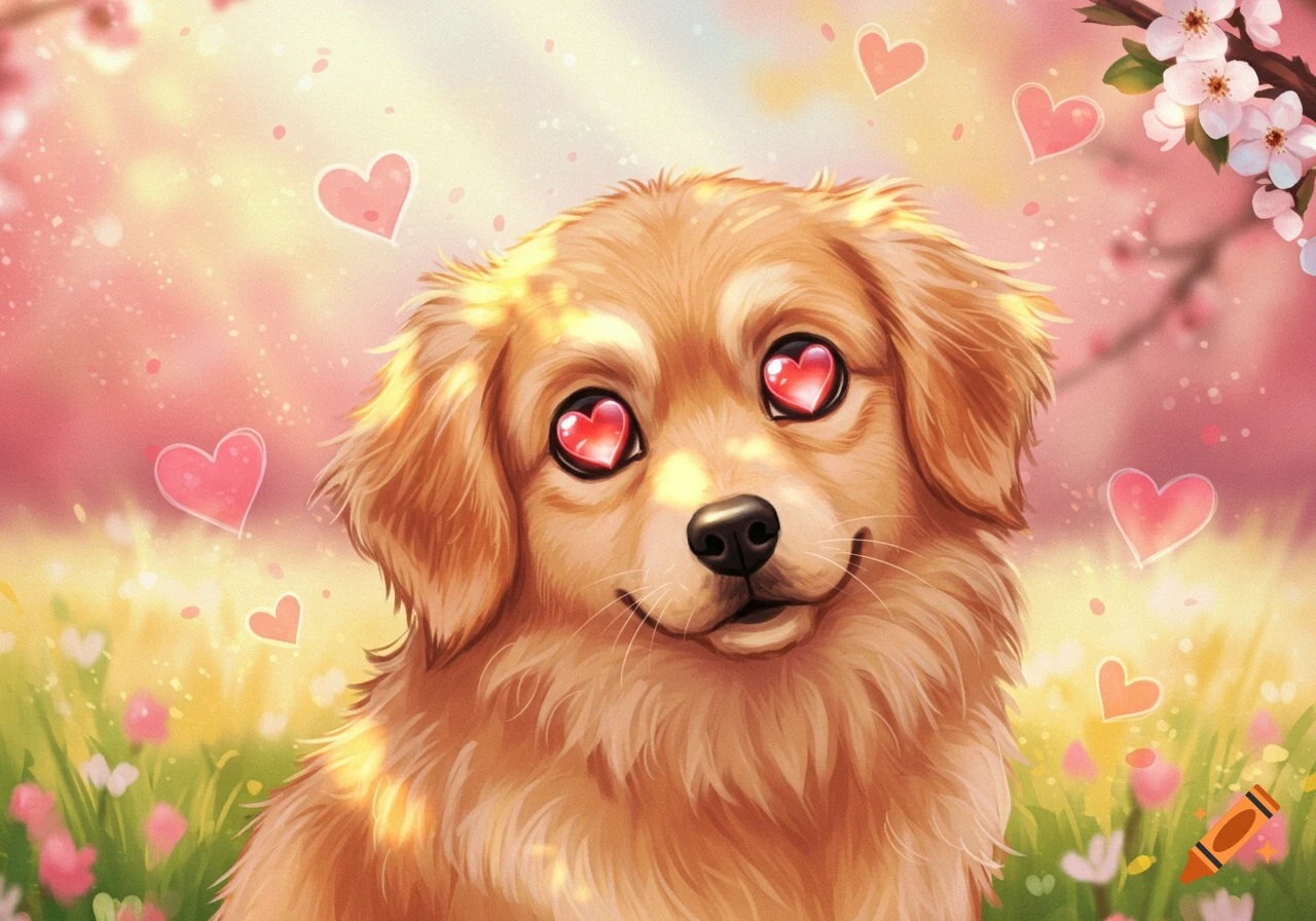 A fluffy golden dog with pink heart-shaped eyes smiles in a bright, sunny field with pink flowers and floating hearts, cartoon illustration.