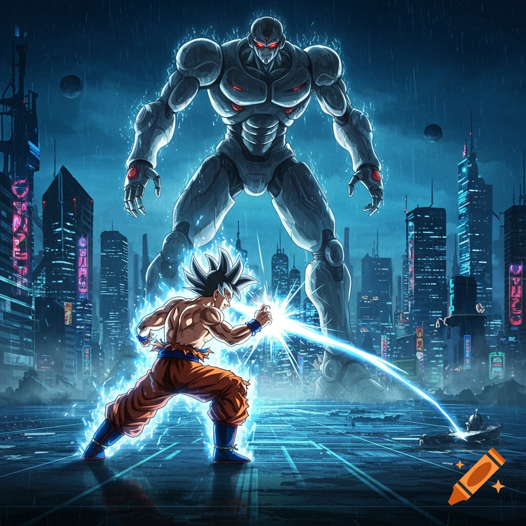Son Goku powers up for battle against a giant robot in a rainy, futuristic city, anime style.