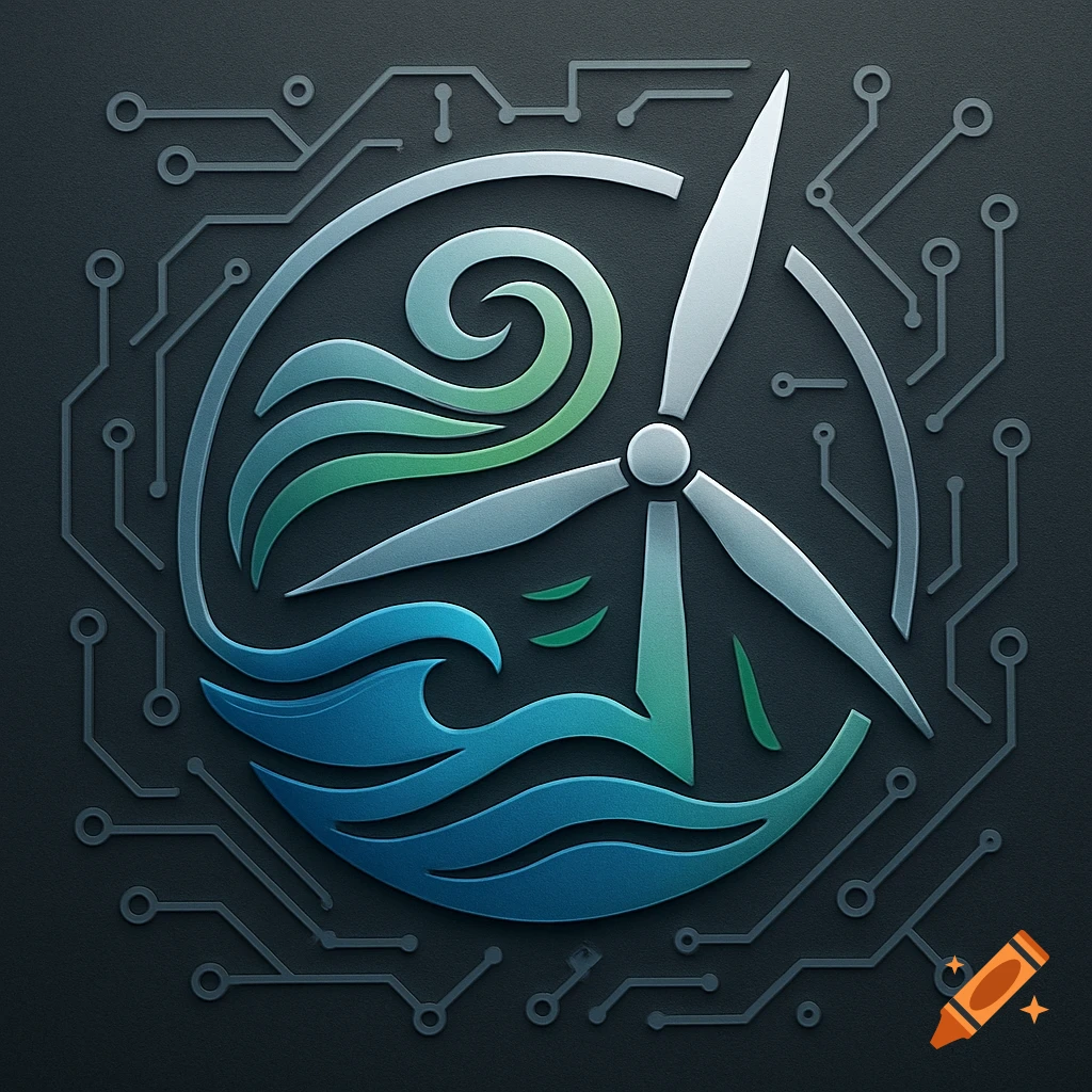 A stylized 3D logo featuring a wind turbine, waves, and swirling wind currents, set against a dark circuit board background.