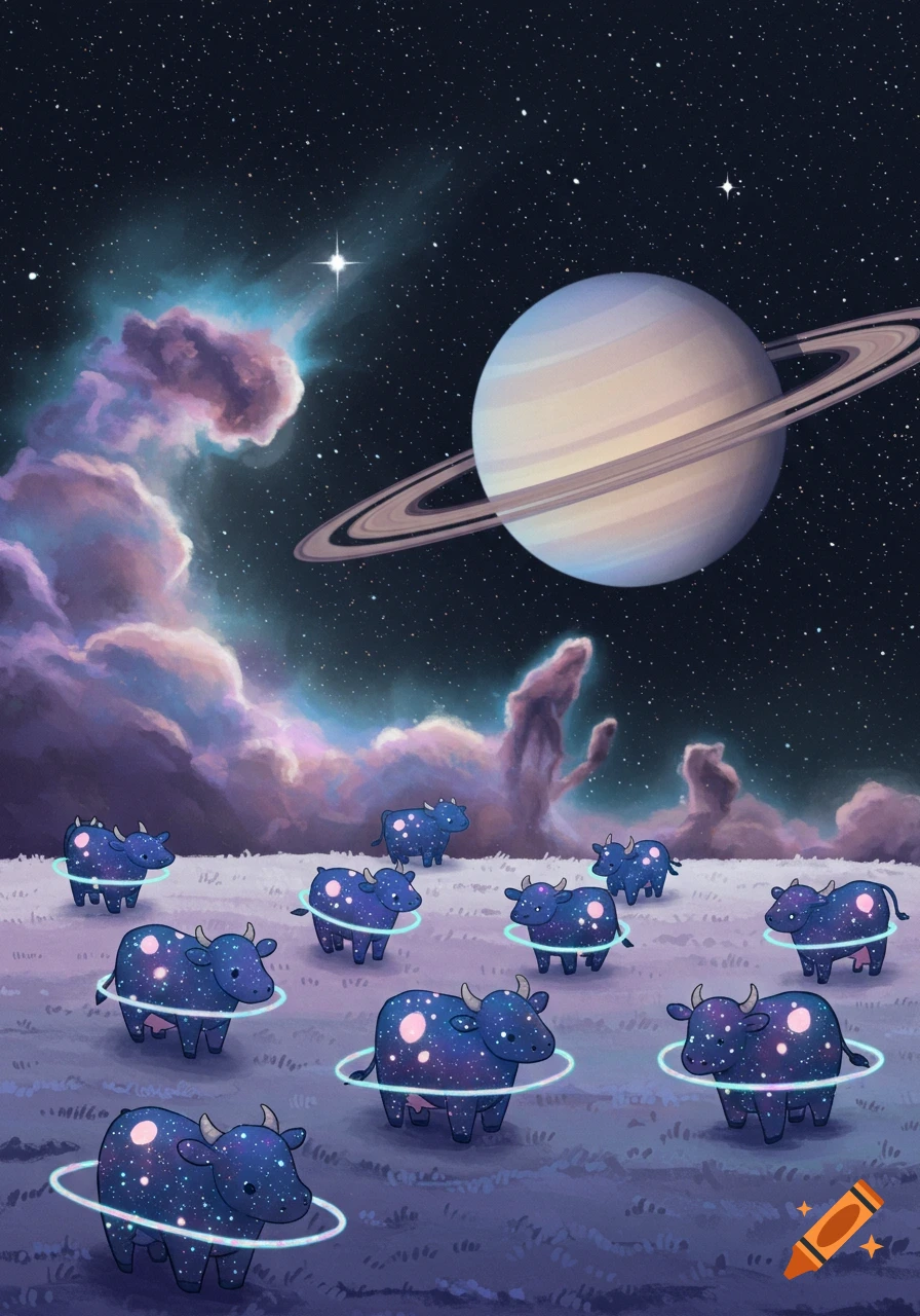 Illustrated cute, galaxy-patterned cows graze on a cosmic landscape under Saturn and a colorful nebula.