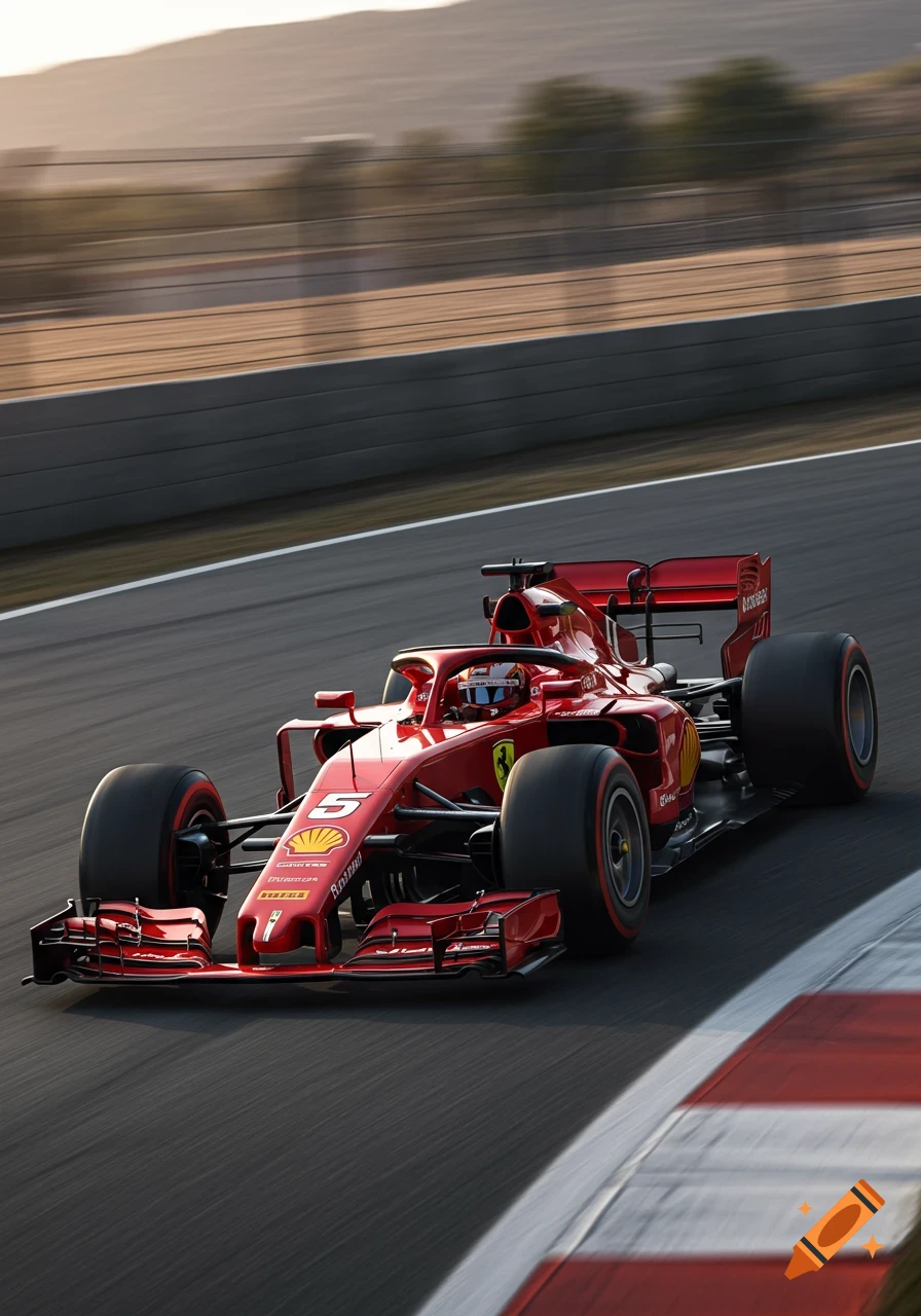 A red Ferrari Formula 1 car races on a track at sunset, motion blur in the background.