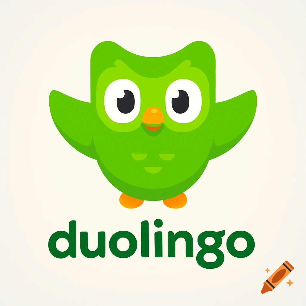 A cartoon green owl, the Duolingo mascot, with wide eyes and an orange beak, above the word "duolingo" in green on a white background.