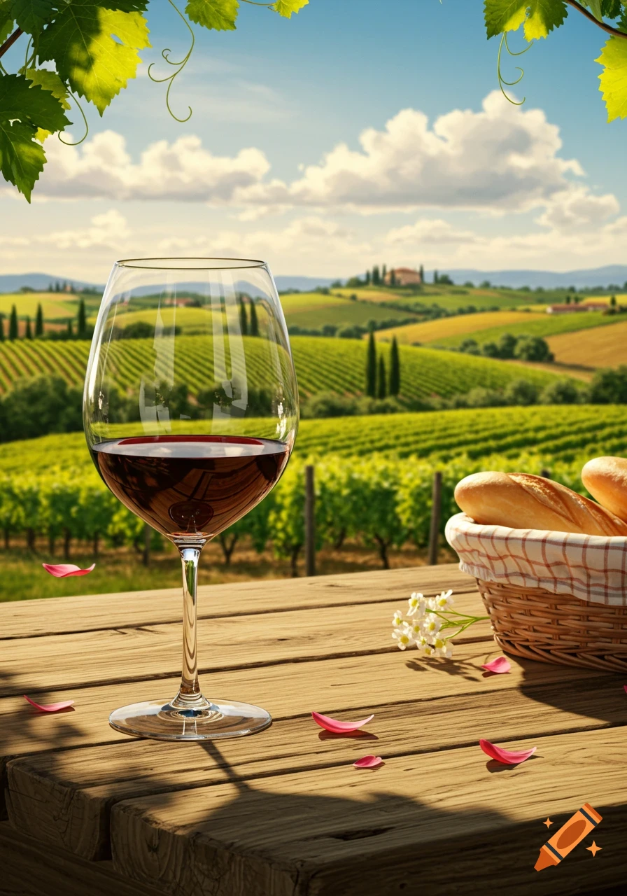 A glass of red wine and a basket of bread on a wooden table, overlooking a vibrant green vineyard landscape under a blue sky.