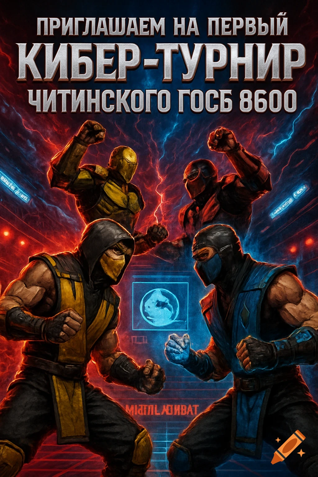 Four Mortal Kombat-style fighters in a cybernetic arena with red and blue lightning, with Russian text at the top.