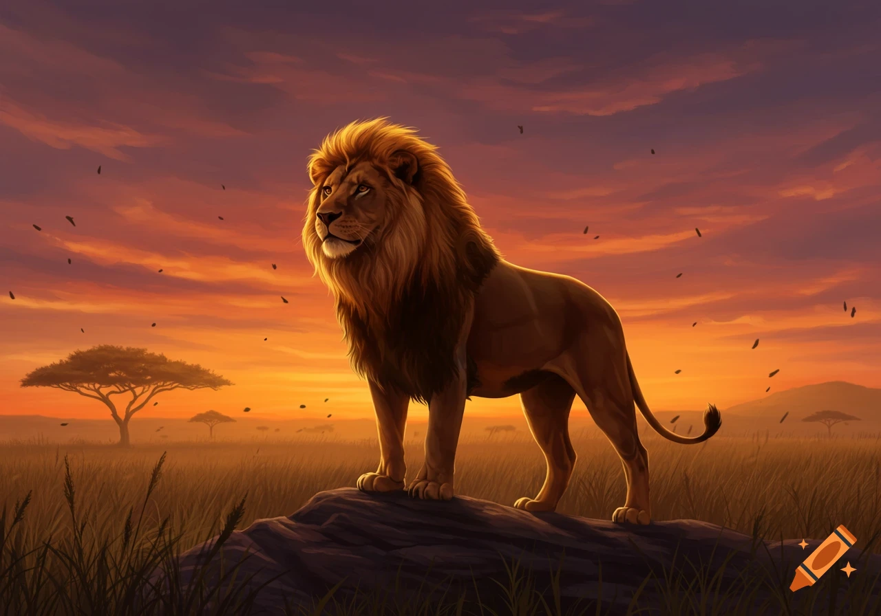 A majestic lion stands on a rock in a golden savanna at sunset, digital art.
