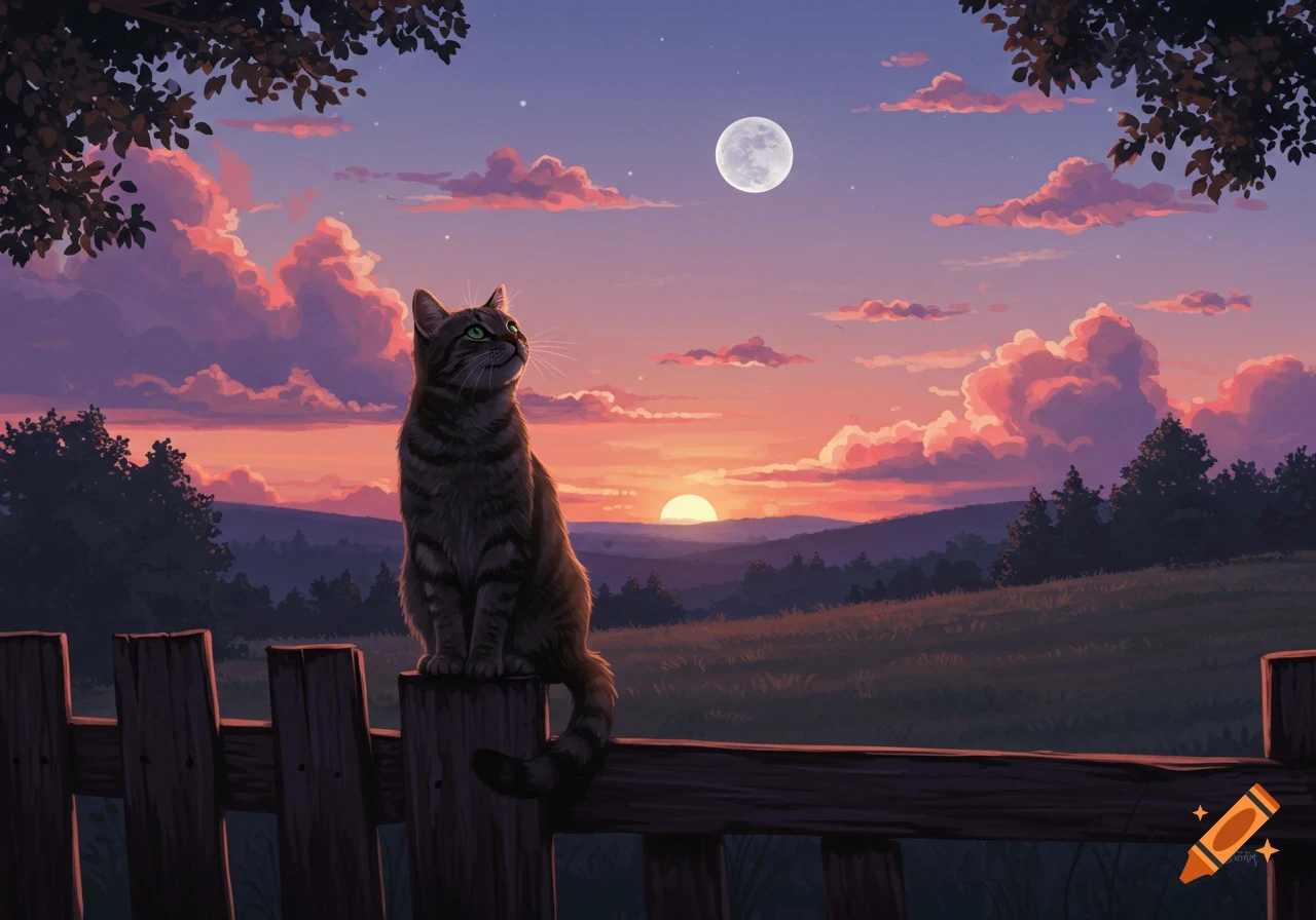 An illustrative tabby cat on a fence gazes at a full moon and sunset sky with colorful clouds over distant hills.