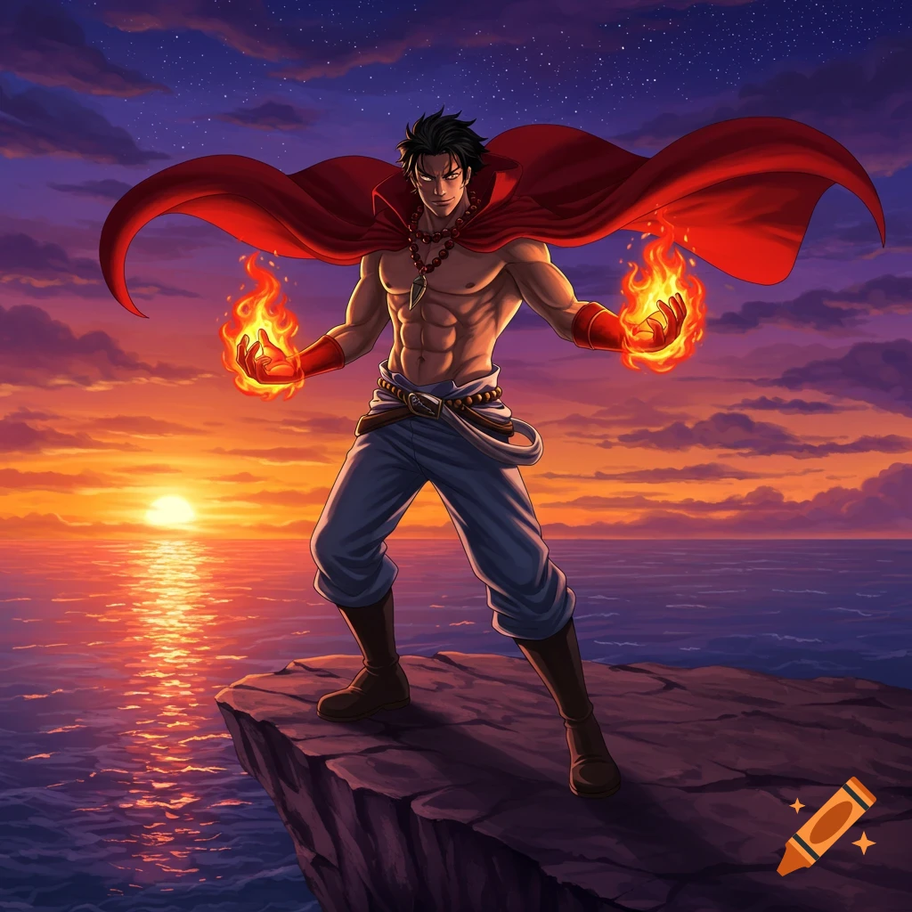 A shirtless man in a red cape stands on a cliff by the ocean at sunset, summoning fire in his hands in an anime style.