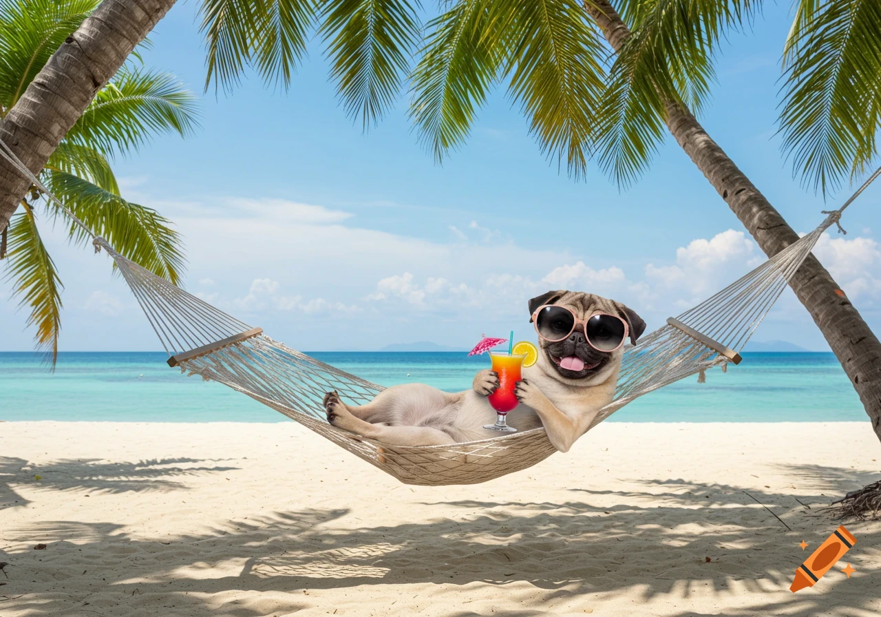 A cute pug dog in sunglasses relaxes in a hammock on a photorealistic tropical beach, holding a colorful cocktail.