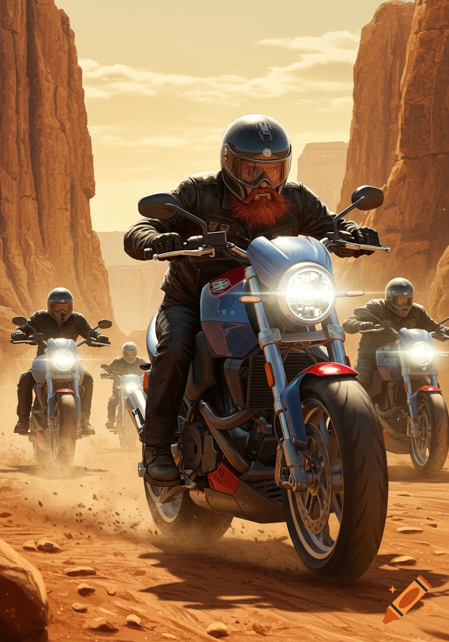 Photorealistic image of a group of motorcyclists, led by a rider with a red beard, kicking up dust in a desert canyon.