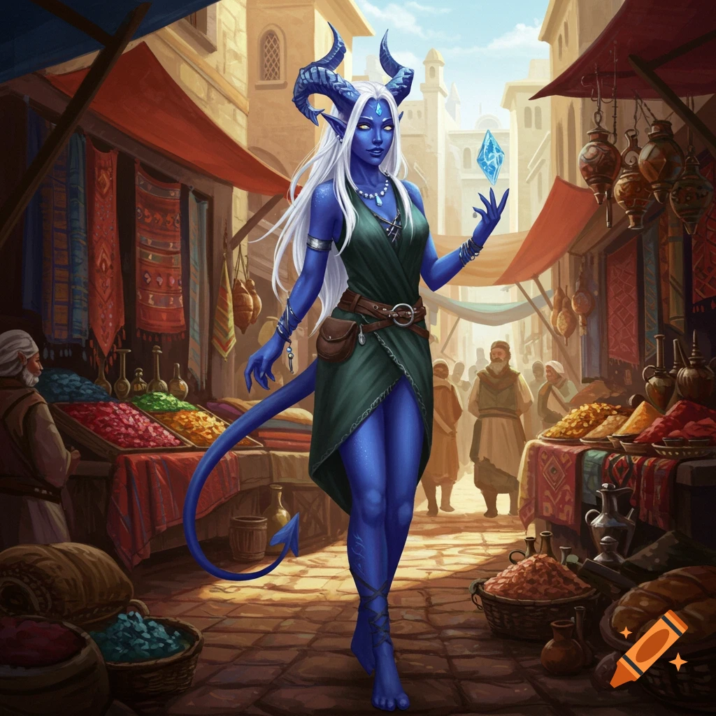 A sapphire-skinned, white-haired tiefling woman with horns and a tail, holding a glowing crystal, walks through a bustling medieval market, digital painting.