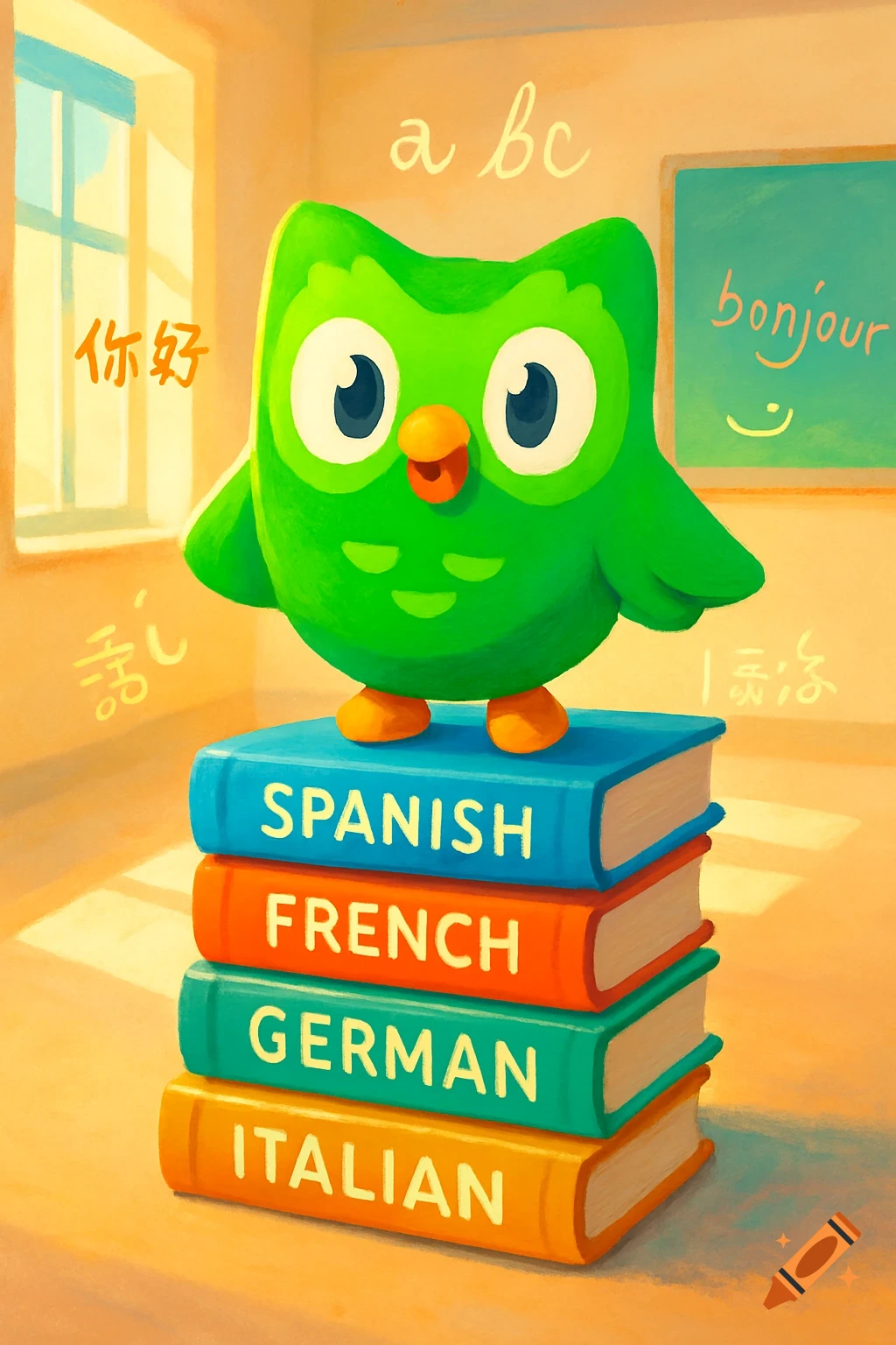 A cartoon green owl mascot, Duo from Duolingo, stands on a stack of language books in a sunny classroom. Foreign words are on the walls.