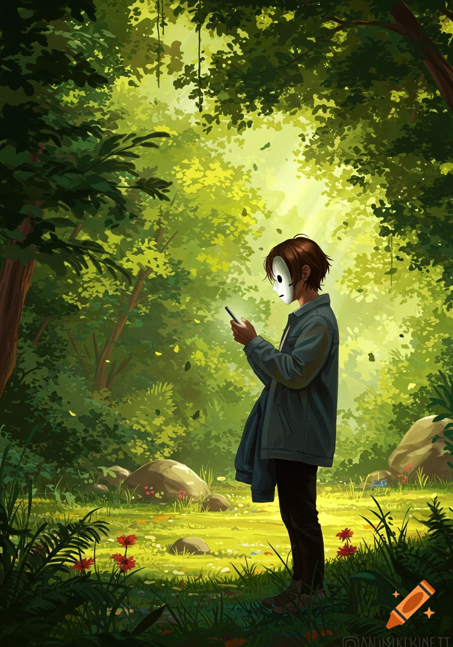 An illustrated masked person in a lush green forest looking at their phone, bathed in dappled sunlight.