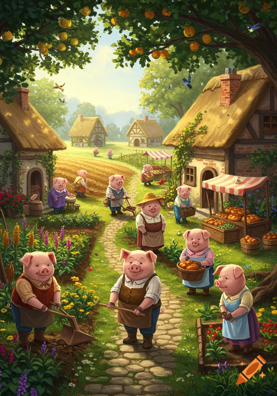 A vibrant illustration of an anthropomorphic pig colony working and selling goods in a cheerful rural village.