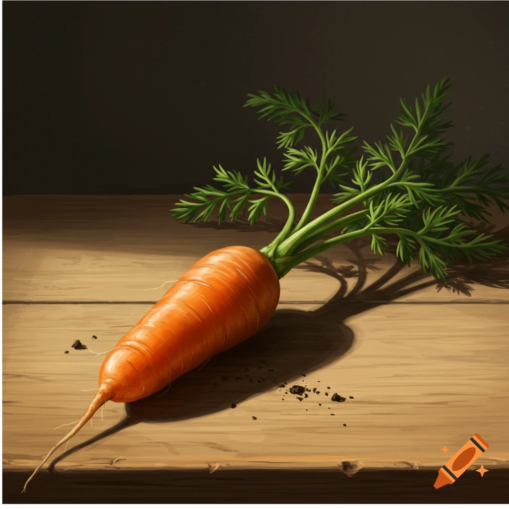 A vibrant orange carrot with green leafy tops lies on a rustic wooden table, with specks of dirt and strong shadows. Painted style.