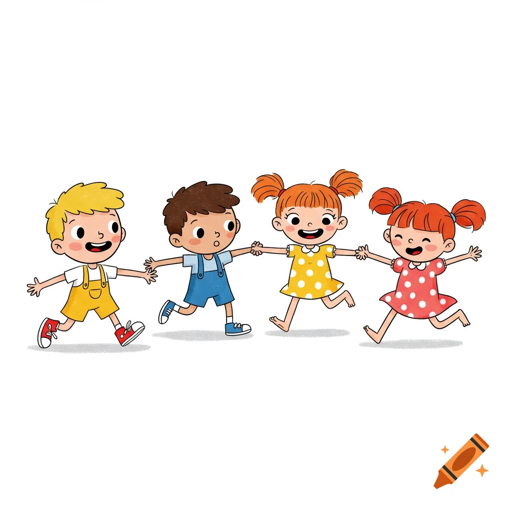 Four smiling cartoon children, two boys and two girls, holding hands and running against a white background.