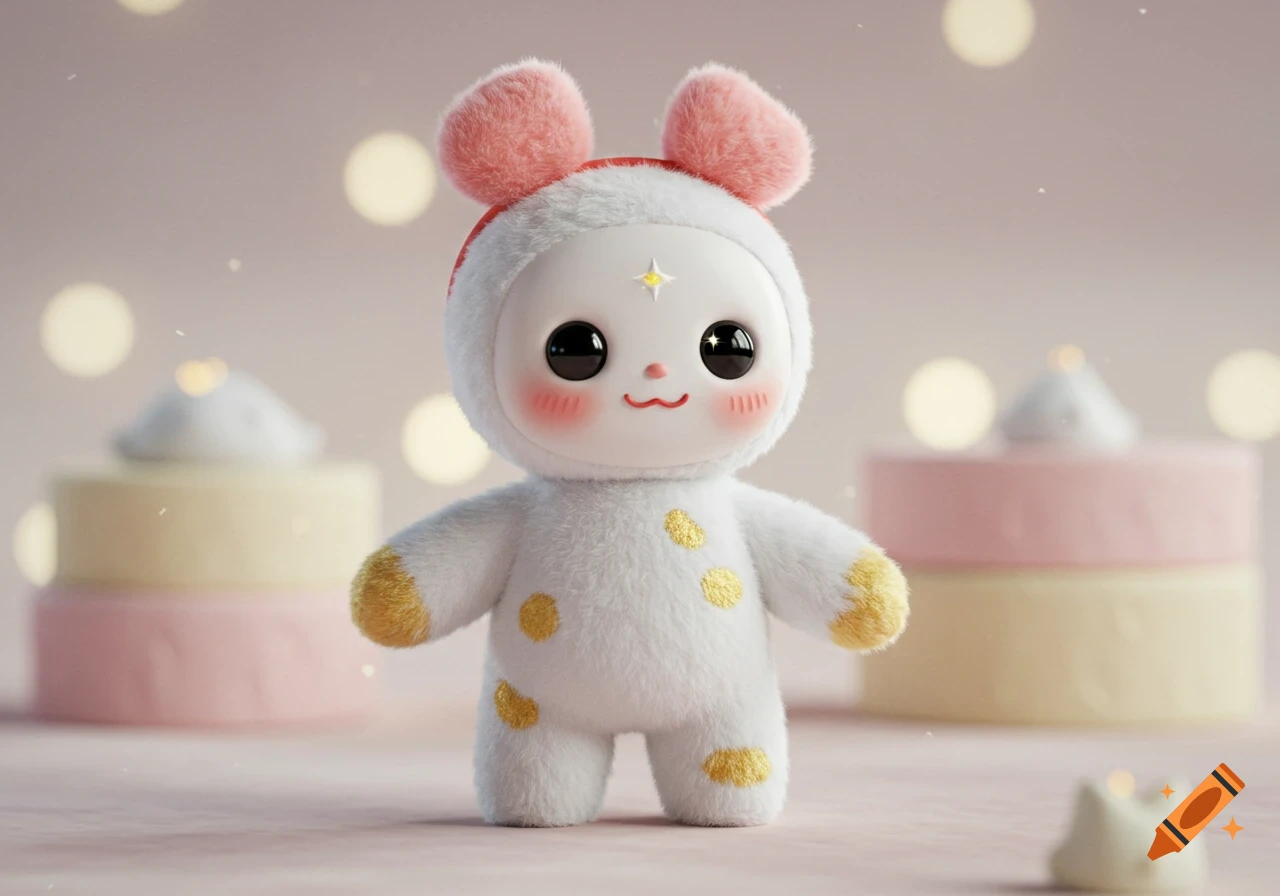 A cute white plush toy with pink ear tufts, rosy cheeks, big black eyes, and gold spots, in a dreamy pastel setting.