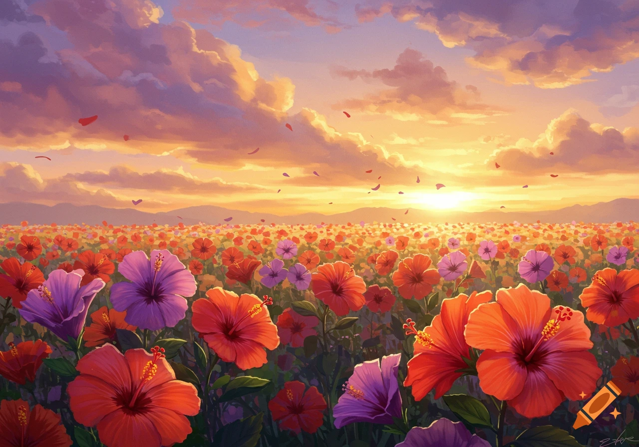 Vibrant orange and purple hibiscus flowers fill a field under a dramatic sunset sky with scattered petals.