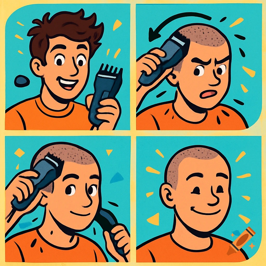 A 4-panel cartoon shows a man getting a buzz cut. He starts with long hair, uses a clipper, and ends with a short, even cut.