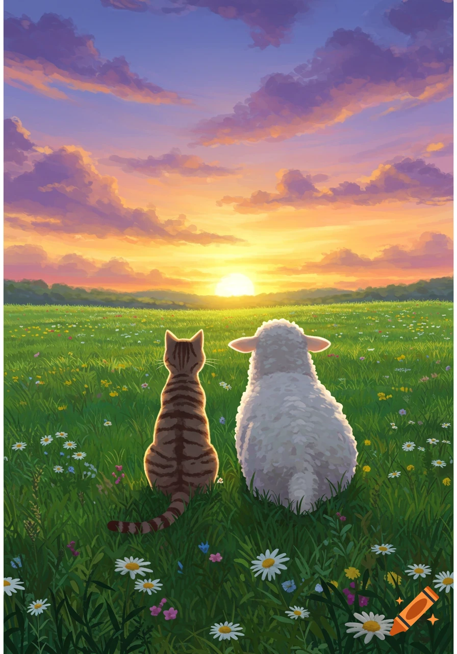 A tabby cat and a white sheep sit in a lush green field filled with wildflowers, watching a vibrant orange and purple sunset. Illustration.