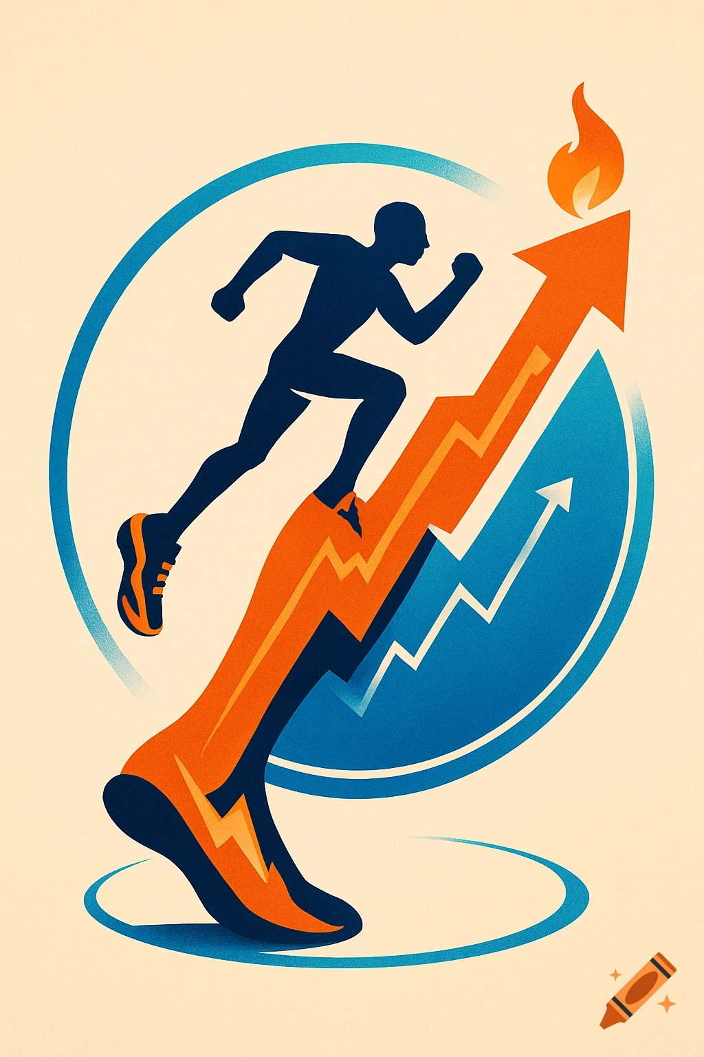 Stylized graphic illustration of a dark blue runner sprinting up an orange arrow, topped with a flame, representing progress and energy.