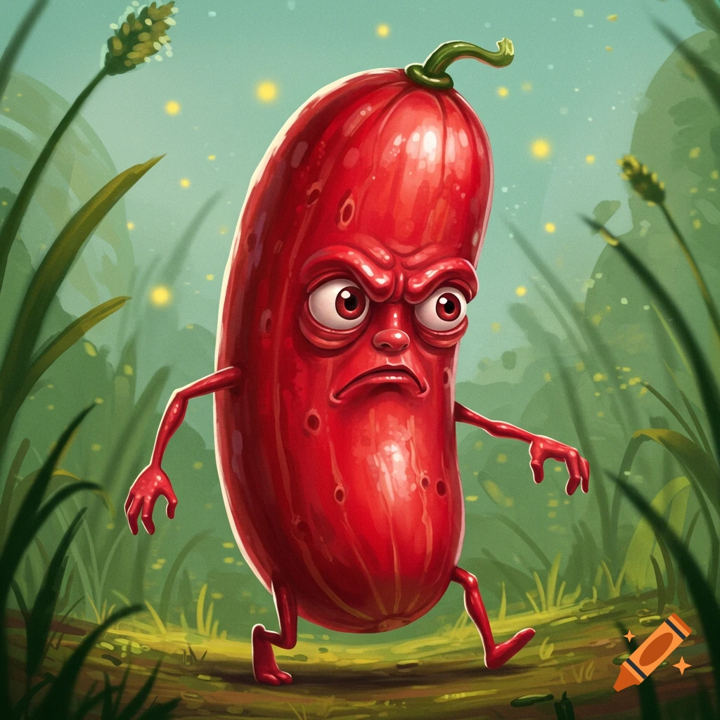 An angry, creeping red cucumber with arms and legs walks through a green, glowing forest path in a cartoon style.