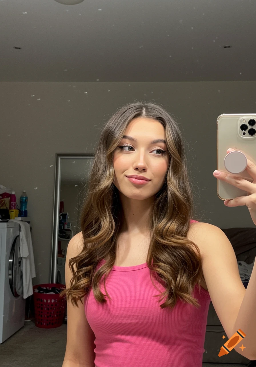 A young woman in a pink tank top takes a mirror selfie, looking to the side with wavy brown hair, a laundry room in the background.