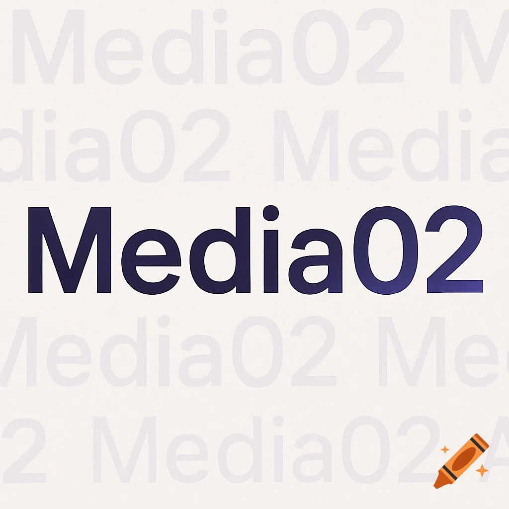Dark purple 'Media02' logo with a gradient on a light background with faded repeating 'Media02' text.