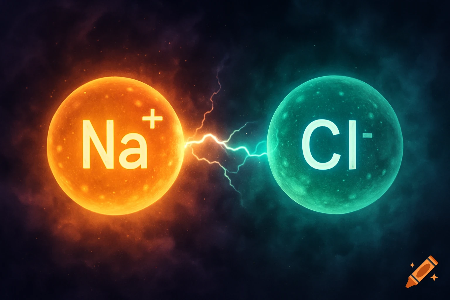 Illustration of an ionic bond with glowing orange Na+ and teal Cl- spheres connected by an electric arc against a dark background.