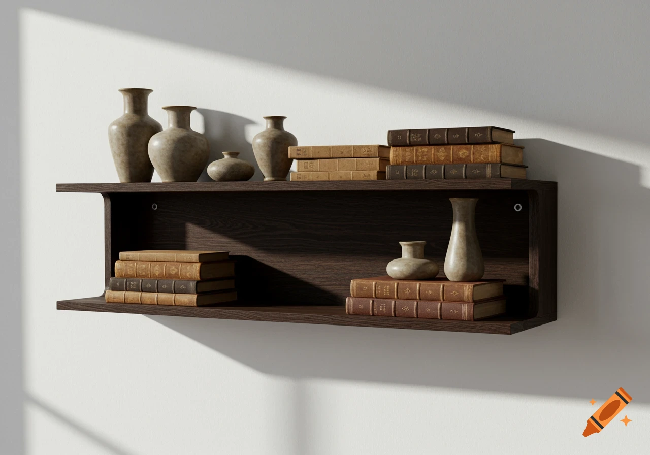 A dark wooden floating shelf on a white wall, adorned with stacks of old books and several decorative beige vases, bathed in natural light.