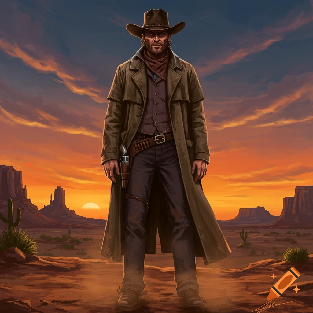 A rugged cowboy in a long coat and hat stands in a desert landscape with mountains and cacti against a vibrant sunset. Digital art.