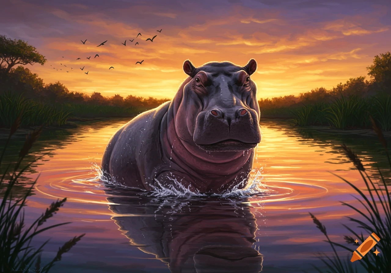 A hippo emerges from glowing water at sunset, with birds flying in the orange and purple sky.