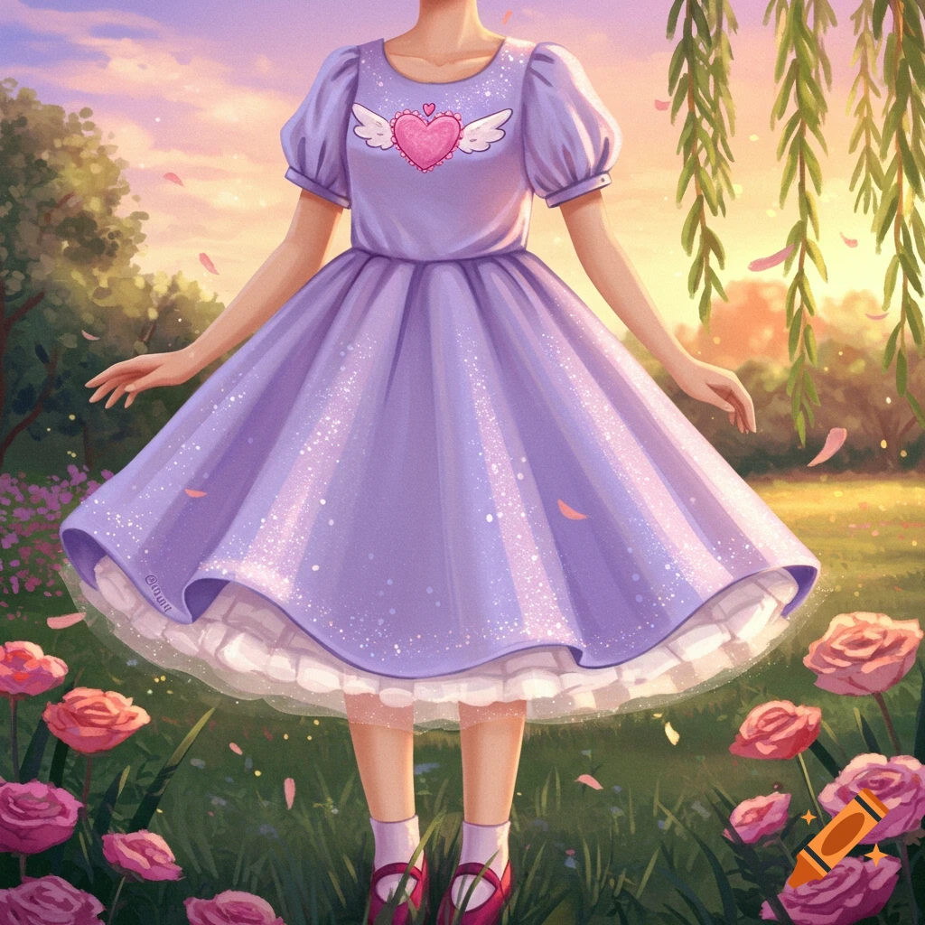 A whimsical illustration of a person in a sparkling light purple dress with a pink heart and wings on the chest, a visible petticoat, standing in a sunny garden with roses.