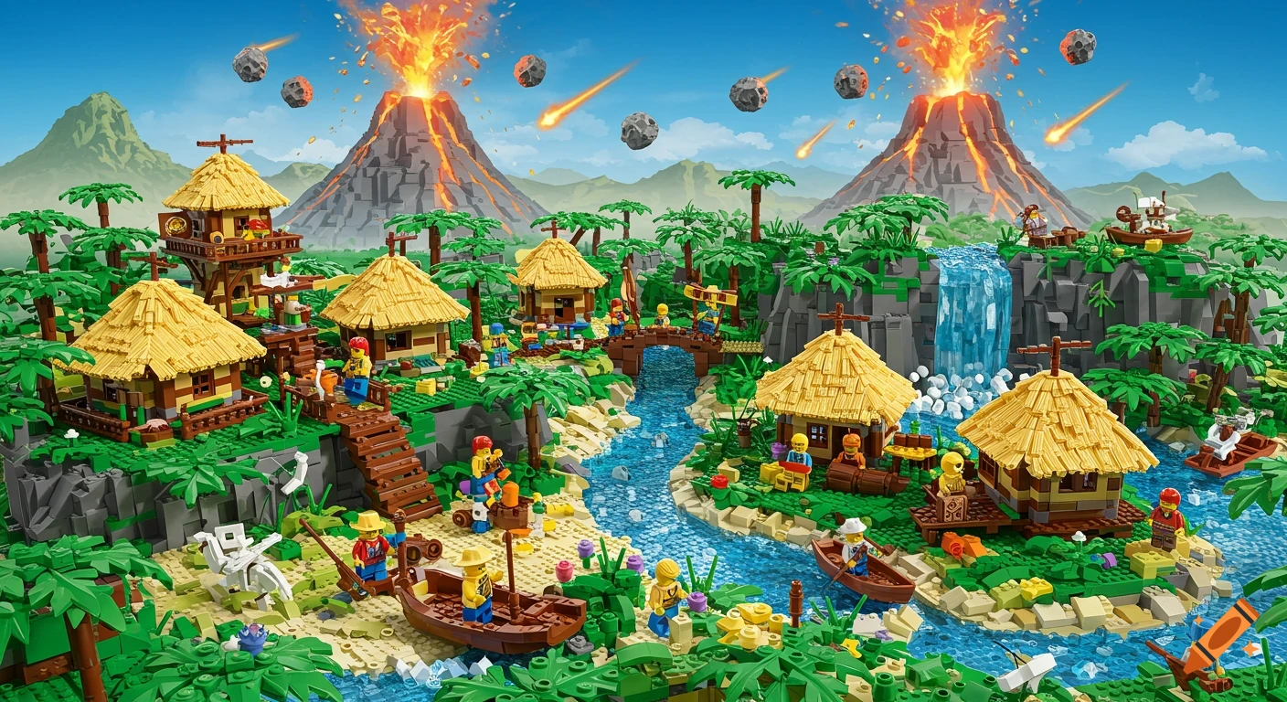 A vibrant Lego island village with erupting volcanoes, falling meteorites, jungle trees, huts, a river, waterfall, and Lego people.