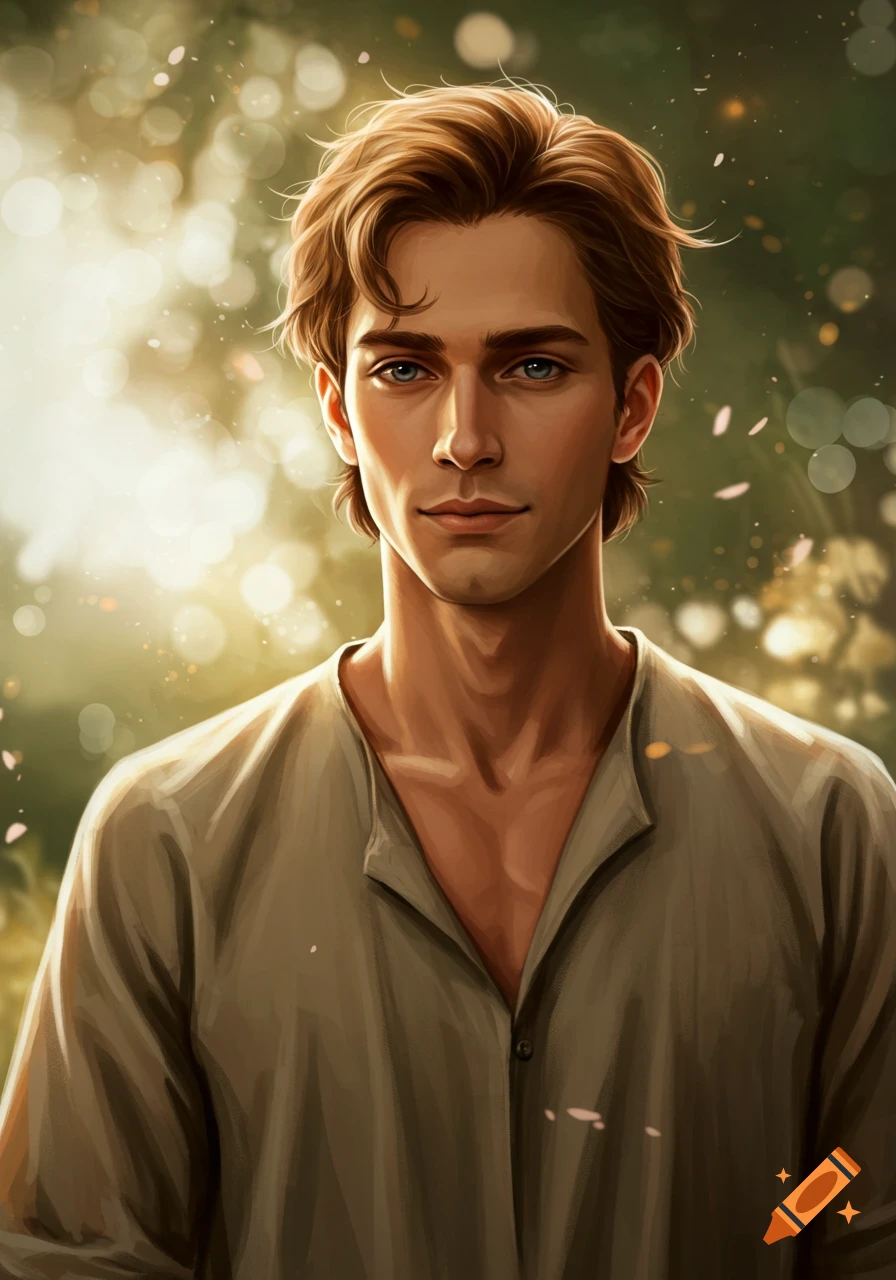 A portrait of a young man with brown wavy hair and blue eyes, wearing a simple shirt, against a soft, sunlit, green bokeh background in an artistic, realistic style.