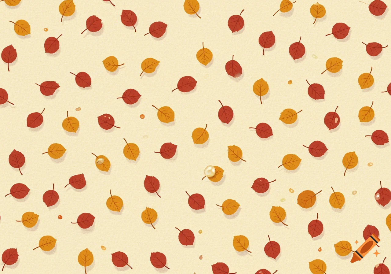 A seamless pattern of scattered tiny red and yellow autumn leaves on a light textured background, with a few small pearls.