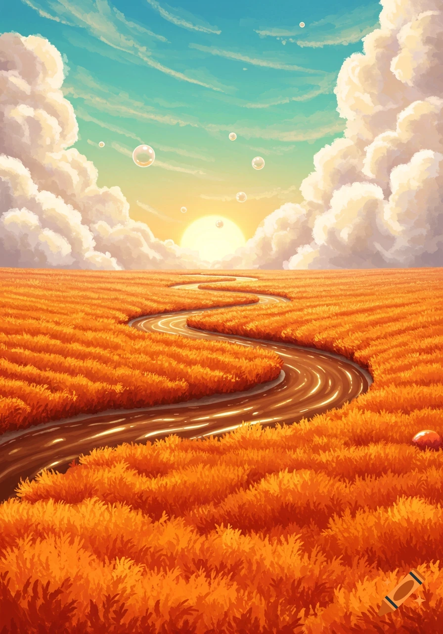 Whimsical fantasy landscape featuring orange fields, a winding chocolate river, mountains of clouds, and a blue-green sky with a setting sun and floating bubbles.