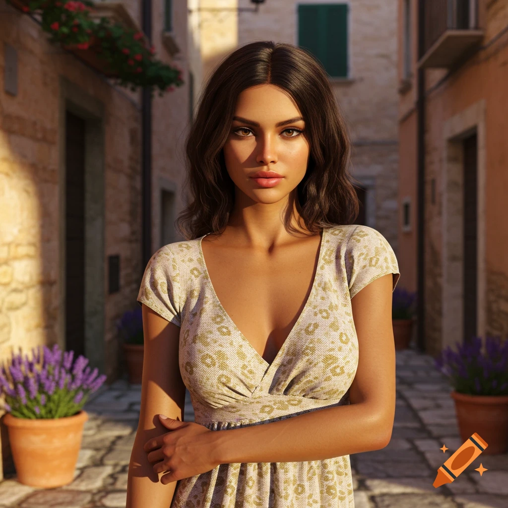 Photorealistic portrait of a young woman with dark hair in a light patterned dress, standing in a sunny European alleyway with lavender plants.