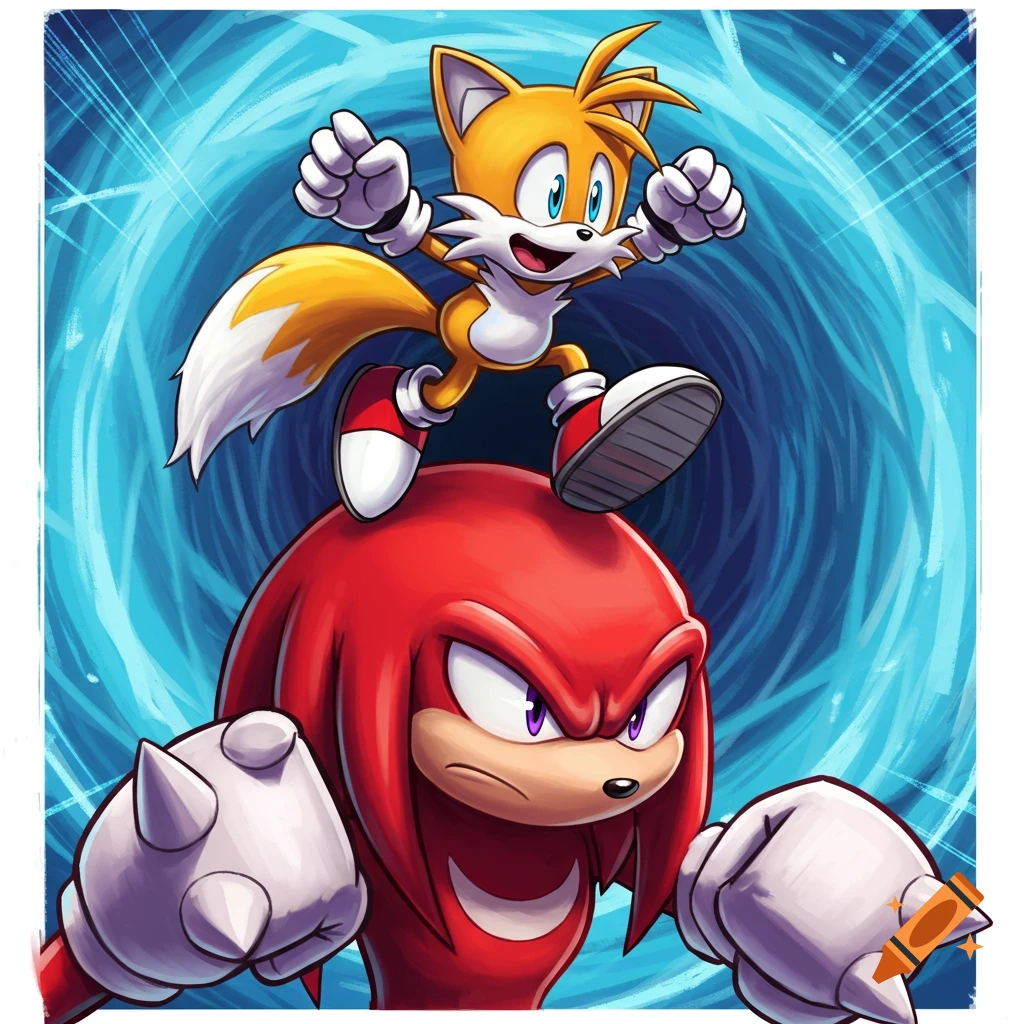 Tails stands on Knuckles' head with a blue swirl background in a vibrant cartoon style.
