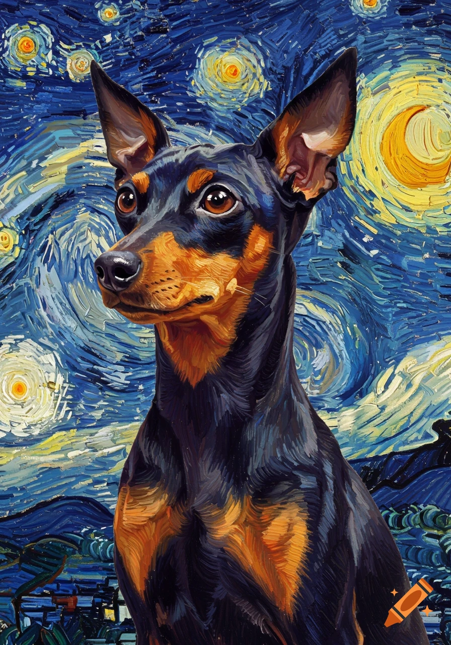 A black and tan Miniature Pinscher dog portrait in Van Gogh's starry night painting style.