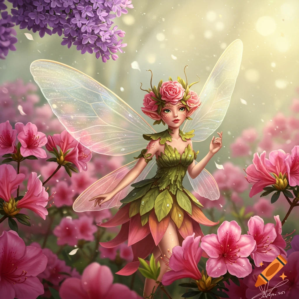 A whimsical fairy with a rose crown and leaf dress, glowing wings, stands amidst pink and purple flowers in a sunny forest.